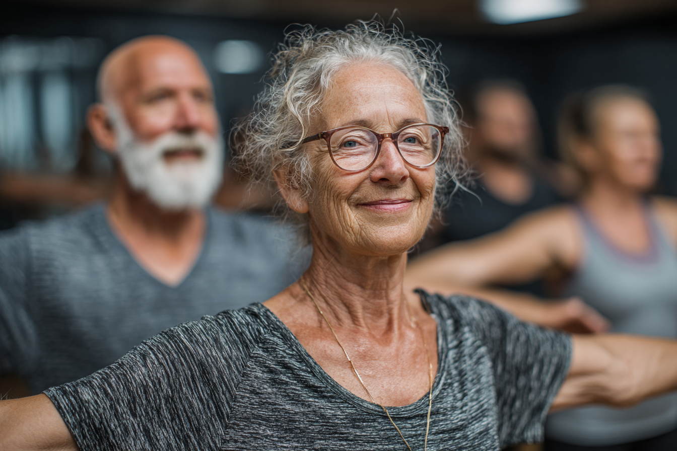 Група людей середнього віку виконує м'які вправи на розтяжку в світлій студії